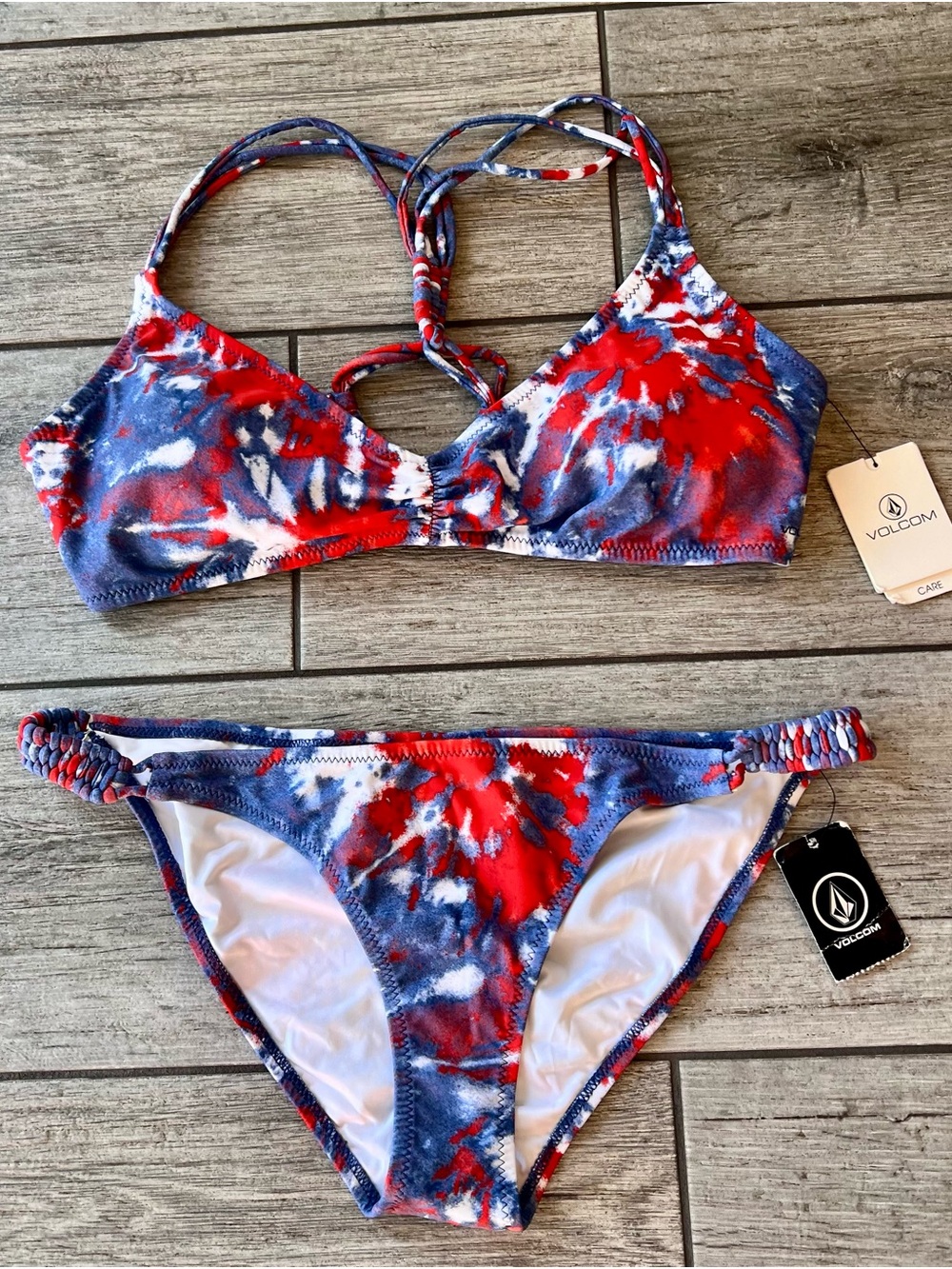 Women's Volcom NWT Liberty Red White Blue Bikini Large Bottoms XL Top Y2K Swim